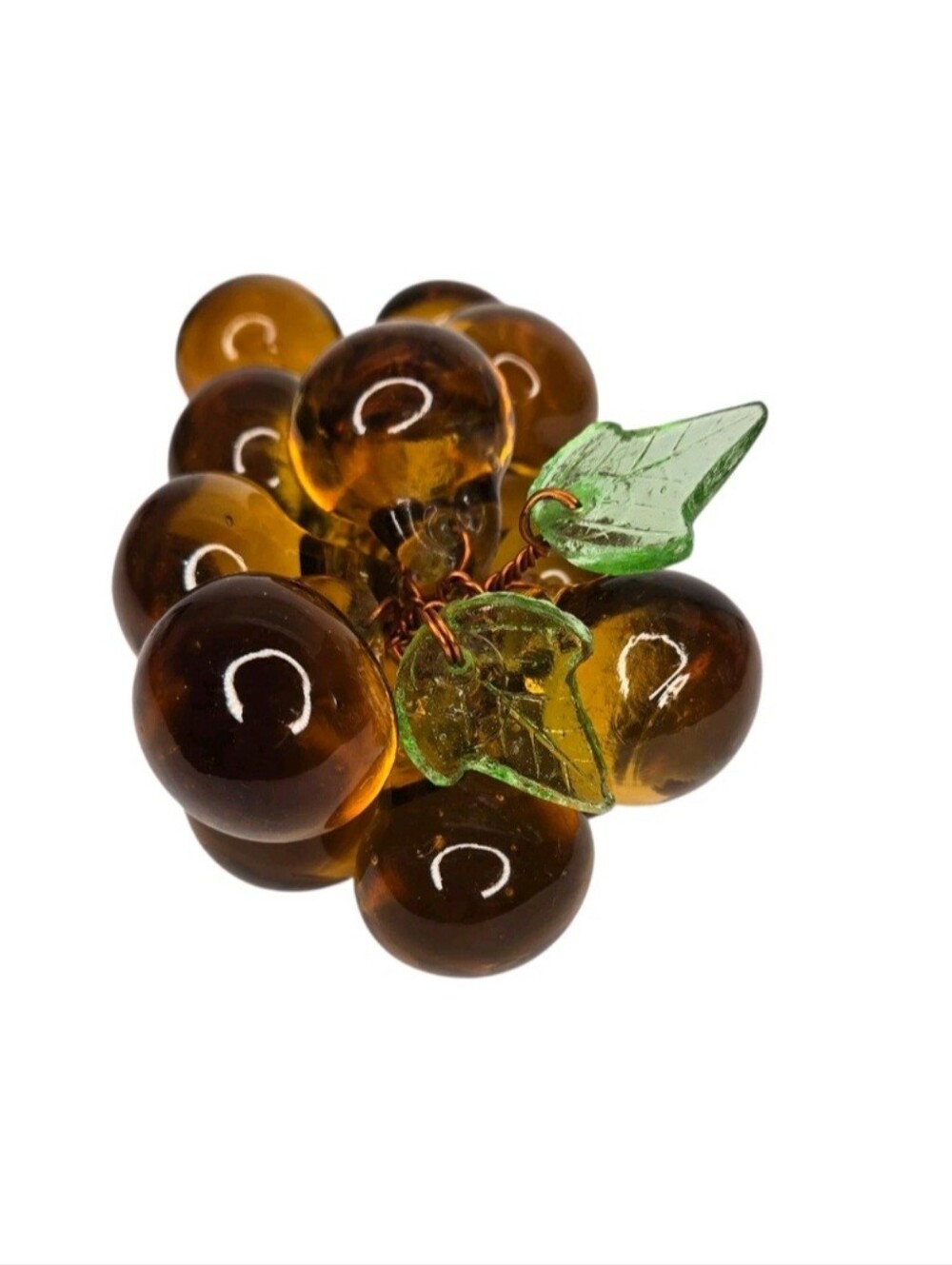 Vintage Amber Gold Brown Wire Glass Grape Cluster & Green Glass Leaves - Picture 4 of 8